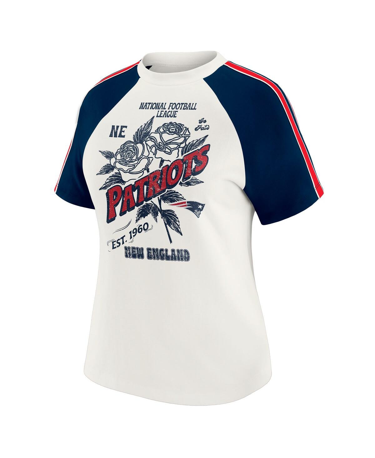 Wear By Erin Andrews Women's White New England Patriots Sleeve Stripe Distressed Raglan T-shirt In White