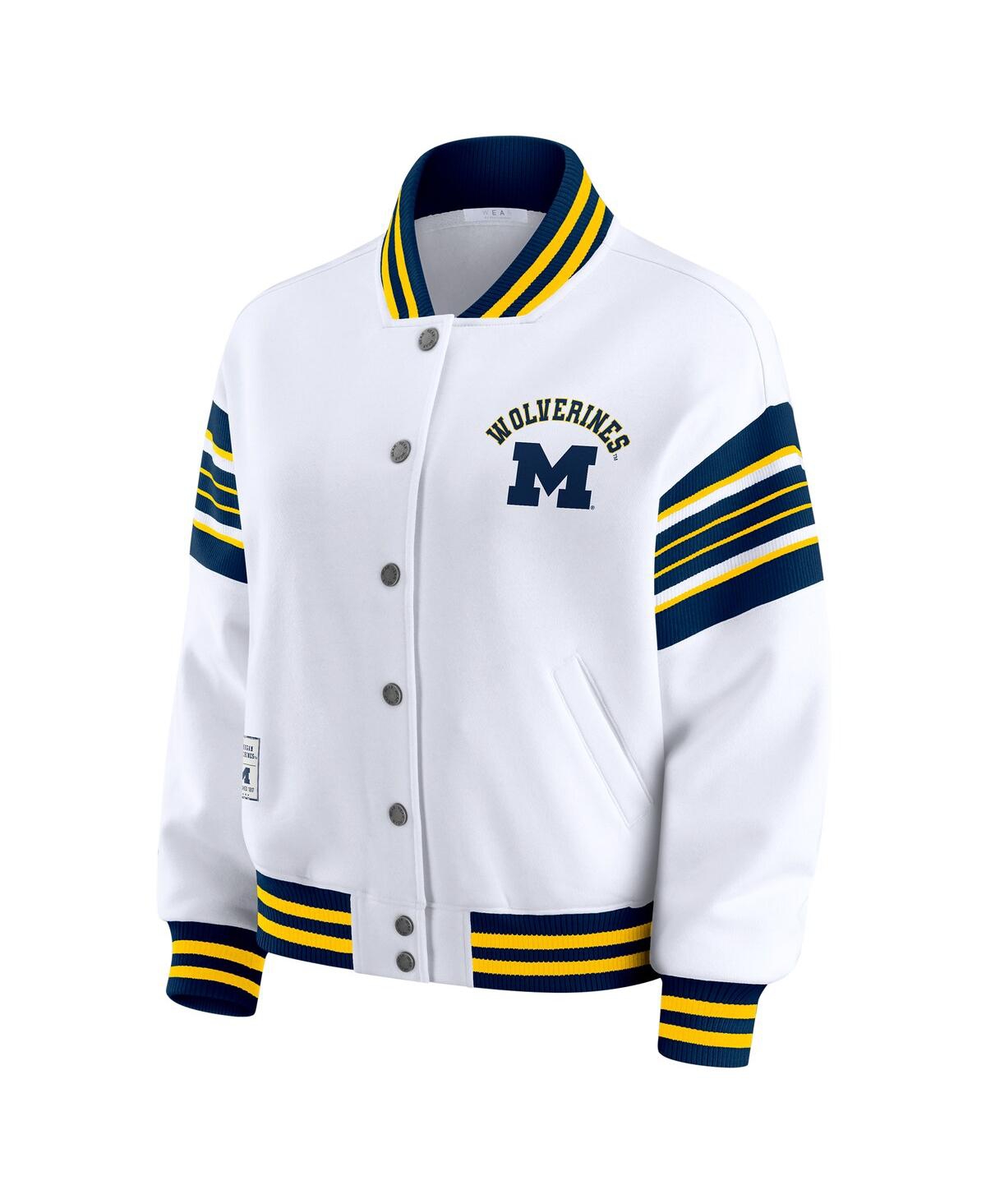 Wear By Erin Andrews Women's White/navy Michigan Wolverines Satin Stitch Full-snap Fleece Sweatshirt Jacket In White