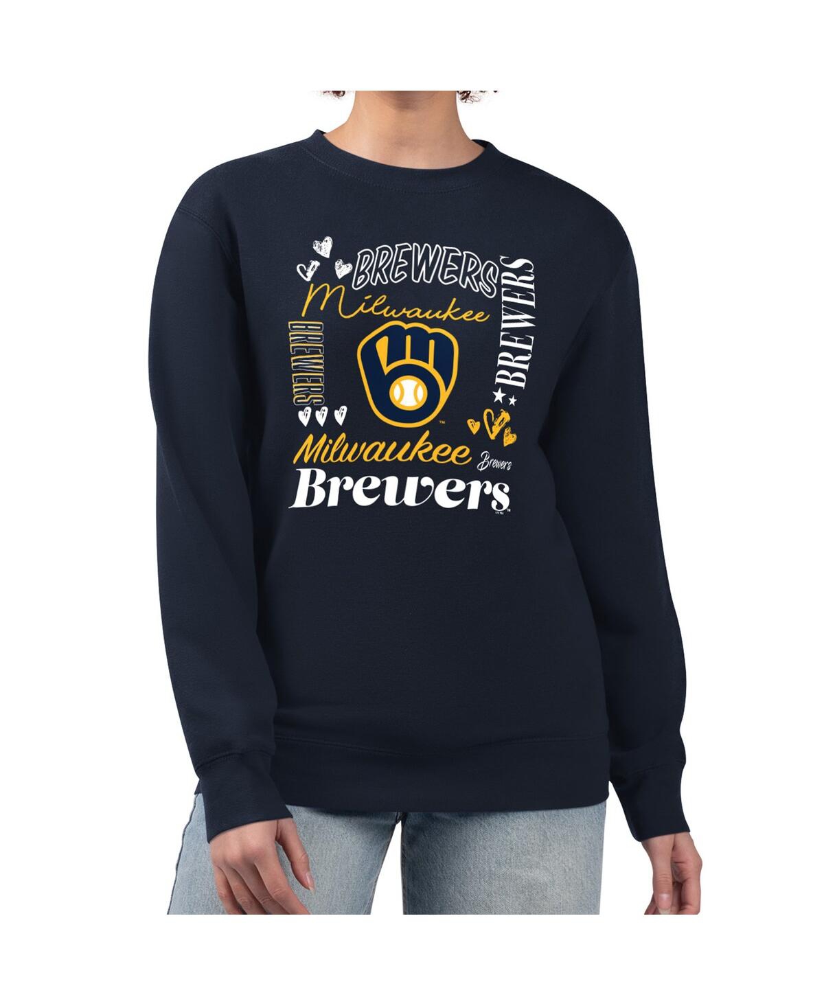 G-iii 4her By Carl Banks Women's Navy Milwaukee Brewers Collage Team Graphic Fleece Pullover Hoodie In Blue