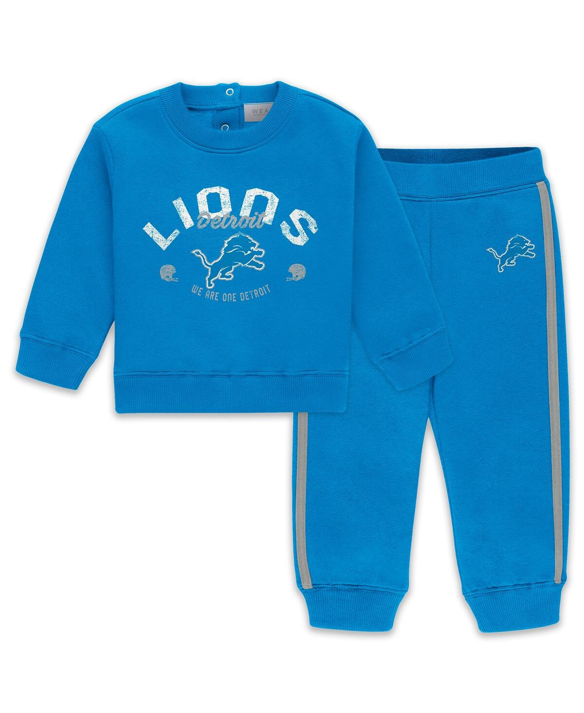 Wear By Erin Andrews Baby Boys And Girls 2-piece Blue Detroit Lions Fleece Crewneck And Pants Set In Blue