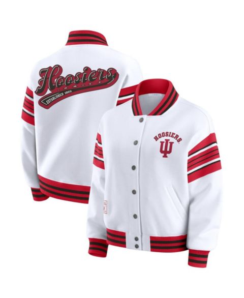 Женские худи WEAR by Erin Andrews Women's White/Crimson Indiana Hoosiers Satin Stitch Full-Snap Fleece Sweatshirt Jacket