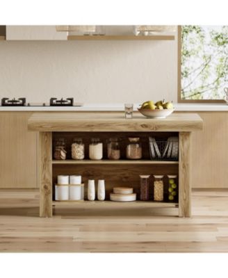 55 Inches Kitchen Island with Storage, 3-Tier Farmhouse Wooden Stationary Island Table