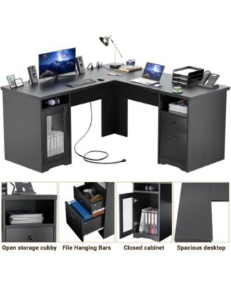 L Shaped Desk with Charging Station, Computer Desk Workstation with File Cabinet and Drawers for Office