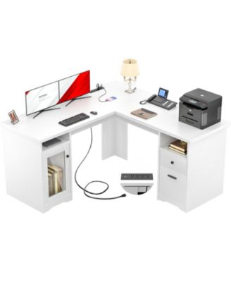 L Shaped Desk with Charging Station, Computer Desk Workstation with File Cabinet and Drawers for Office