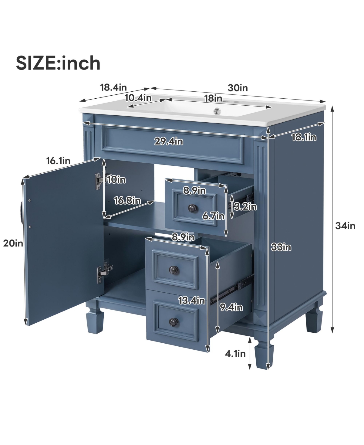 Casainc 30-Inch Bathroom Vanity with Ceramic Sink, Small Cabinet, 2 Drawers & Adjustable Storage Shelf