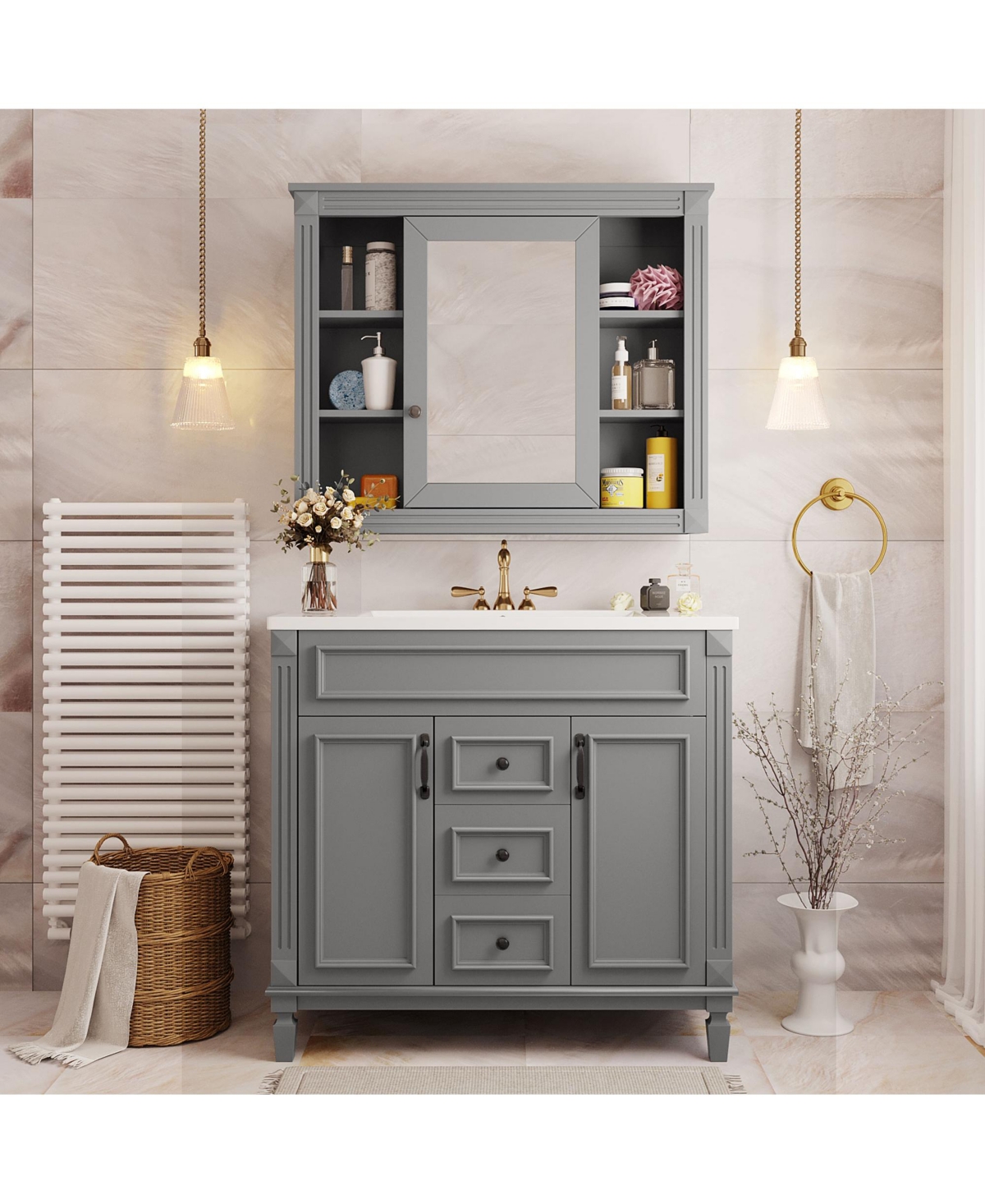 Casainc 36'' Bathroom Vanity with Top Sink, Mirror Cabinet, 2 Soft Closing Doors & Drawers
