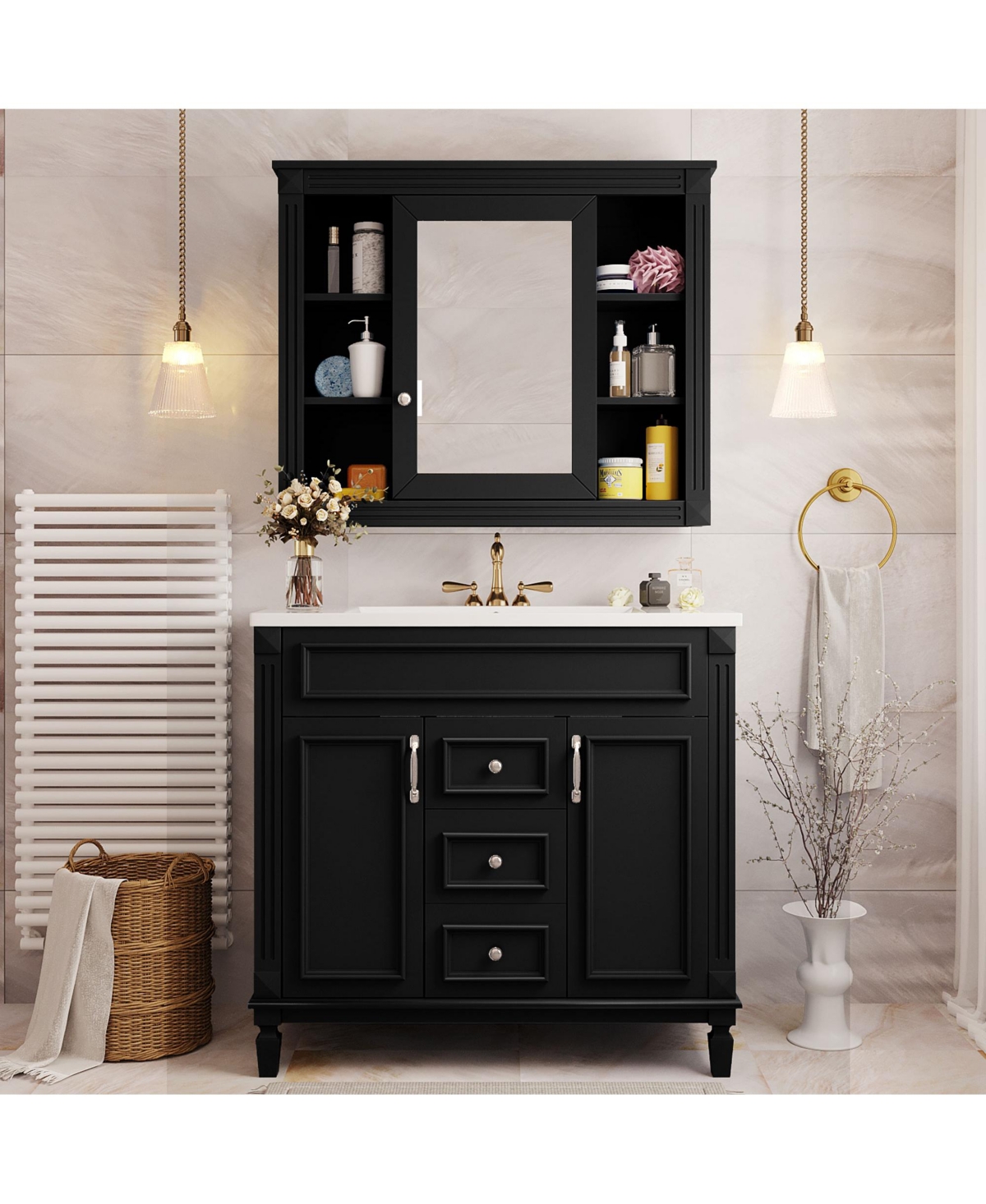 Casainc 36'' Bathroom Vanity with Top Sink, Mirror Cabinet, 2 Soft Closing Doors & Drawers