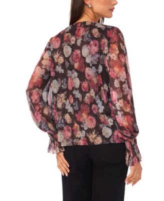 Women's Long Sleeve V-Neck Shirred Cuffs Top