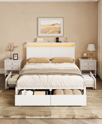 King Size Bed Frame with LED Storage Headboard & 4 Drawers & Charging Station White