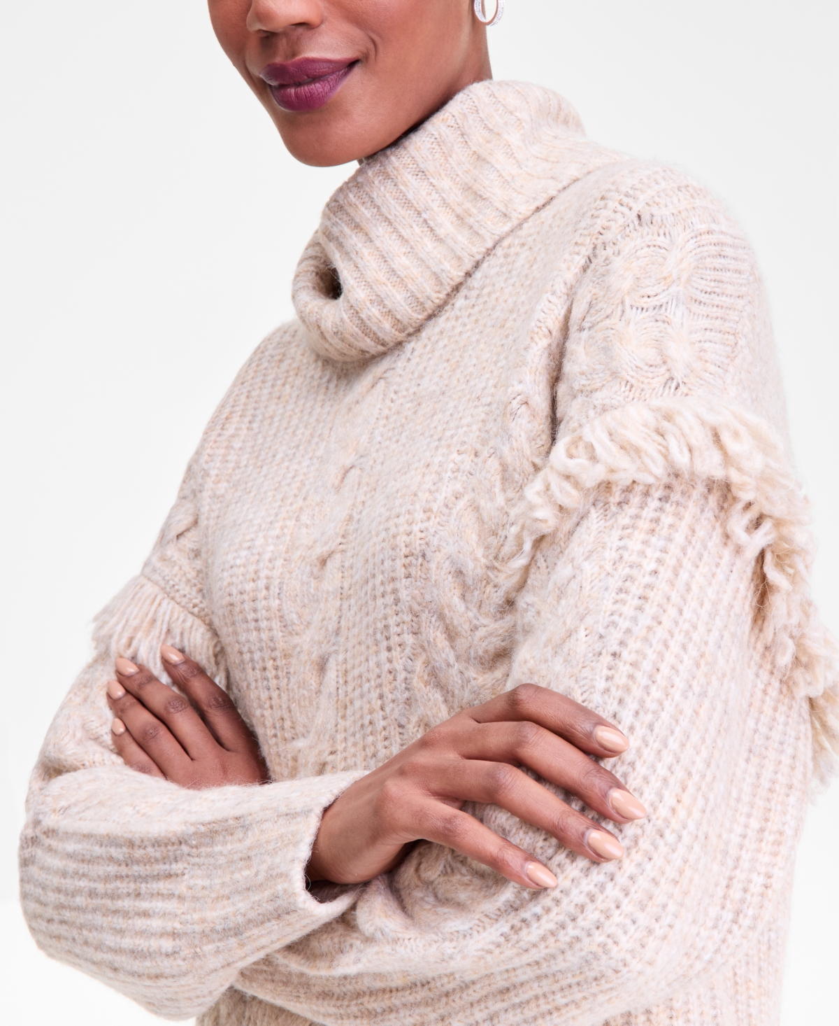 Inc International Concepts Women's Turtleneck Fringe Trim Sweater, Macy's Exclusive In Multi