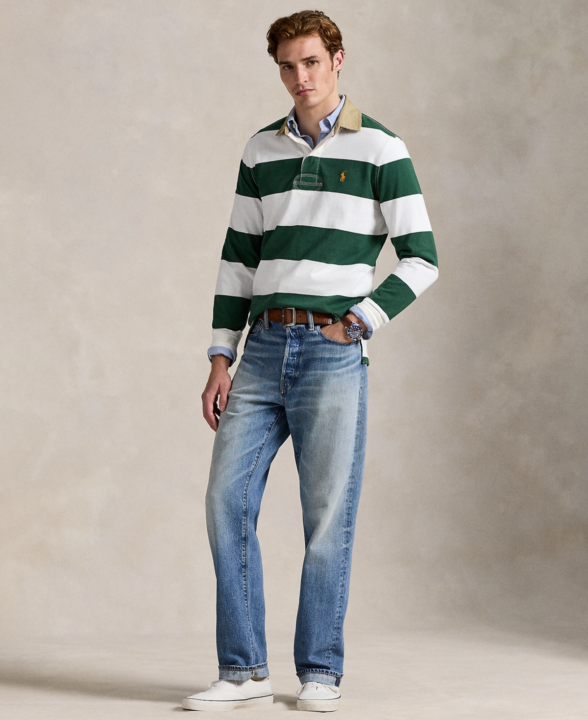 Polo Ralph Lauren Classic Fit Khaki Collar Rugby Shirt In Green