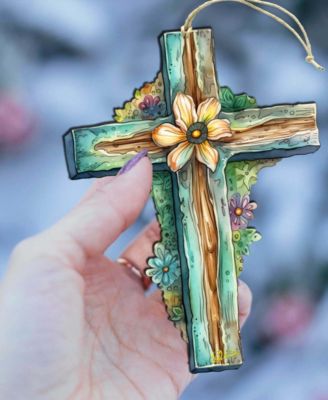 Holiday Teal Cross Wooden Ornament