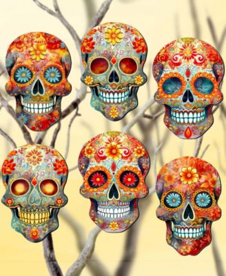Sugar Skulls Wooden Clip-on Ornaments, Set of 6