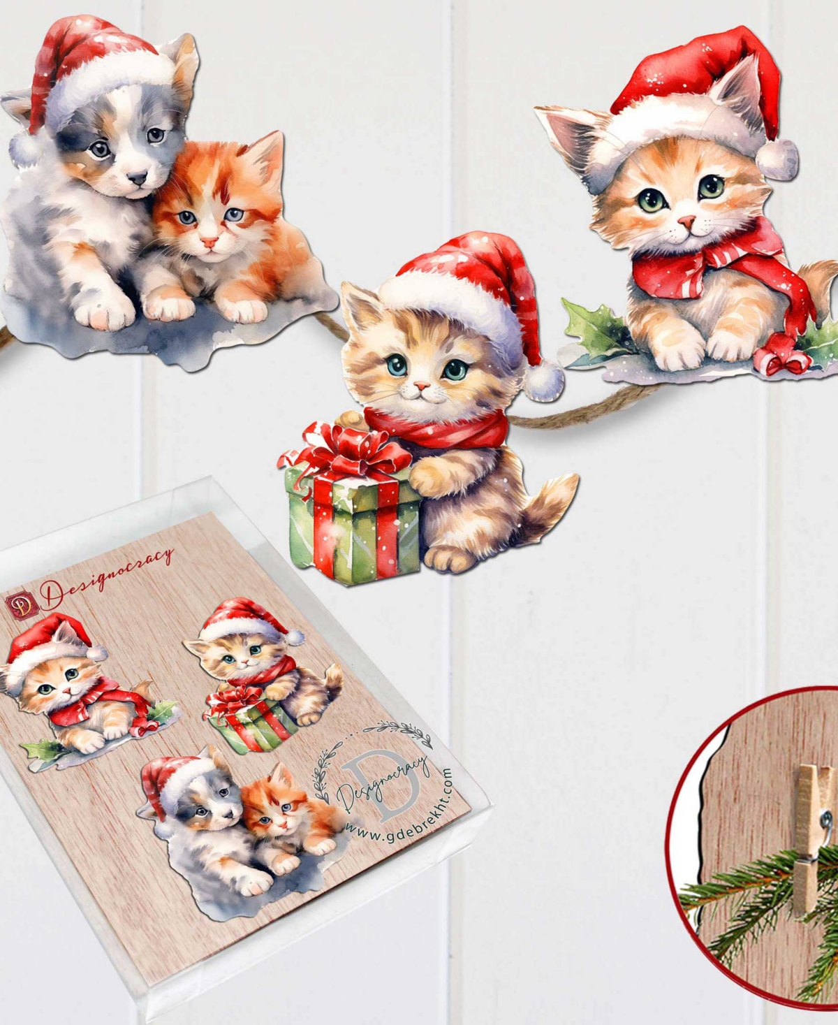 Designocracy Christmas Cats Clip Ornaments, Set 3 In Multi
