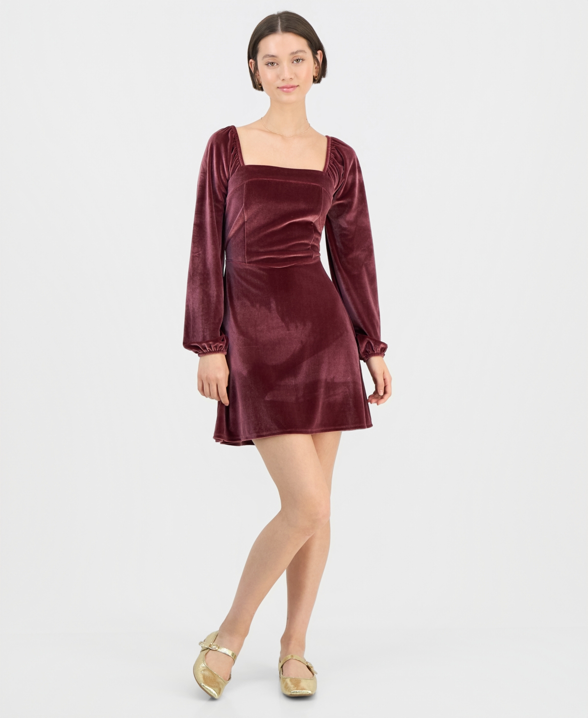 Sincerely Jules Juniors' Long-sleeve Velour Square-neck Mini Dress In Burgundy