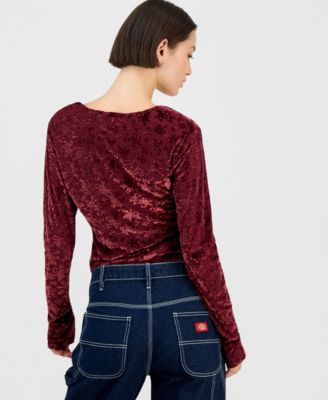 Juniors' Flocked Long-Sleeve Square-Neck Top