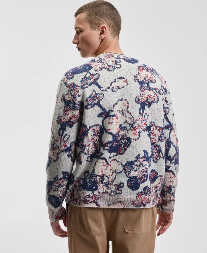 Men's Relaxed Fit Long Sleeve Abstract Floral V-Neck Cardigan Sweater - thumbnail 5