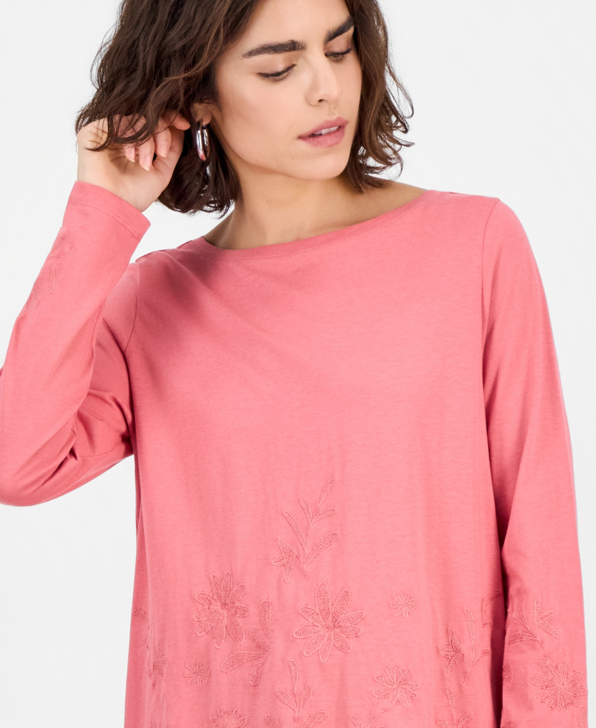 Style & Co Women's Embroidered Boat-neck Long-sleeve Top, Macy's Exclusive In Pink