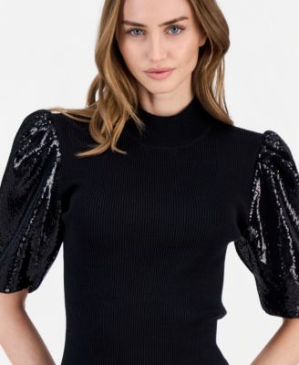 Women's Sequin-Sleeve Ribbed Top