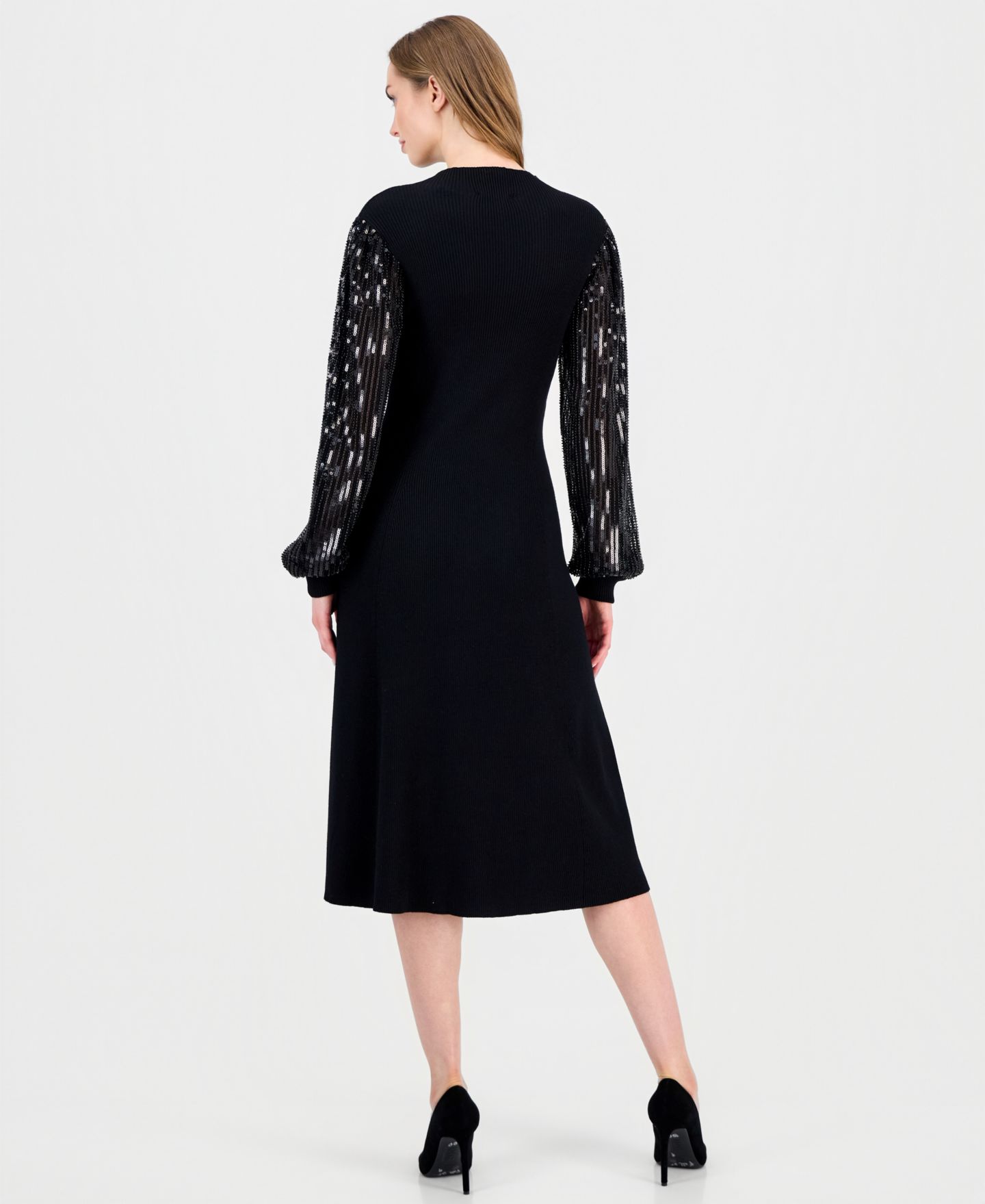 Женское платье T Tahari Embellished-Sleeve Ribbed, цвет: Чёрный — фото 3