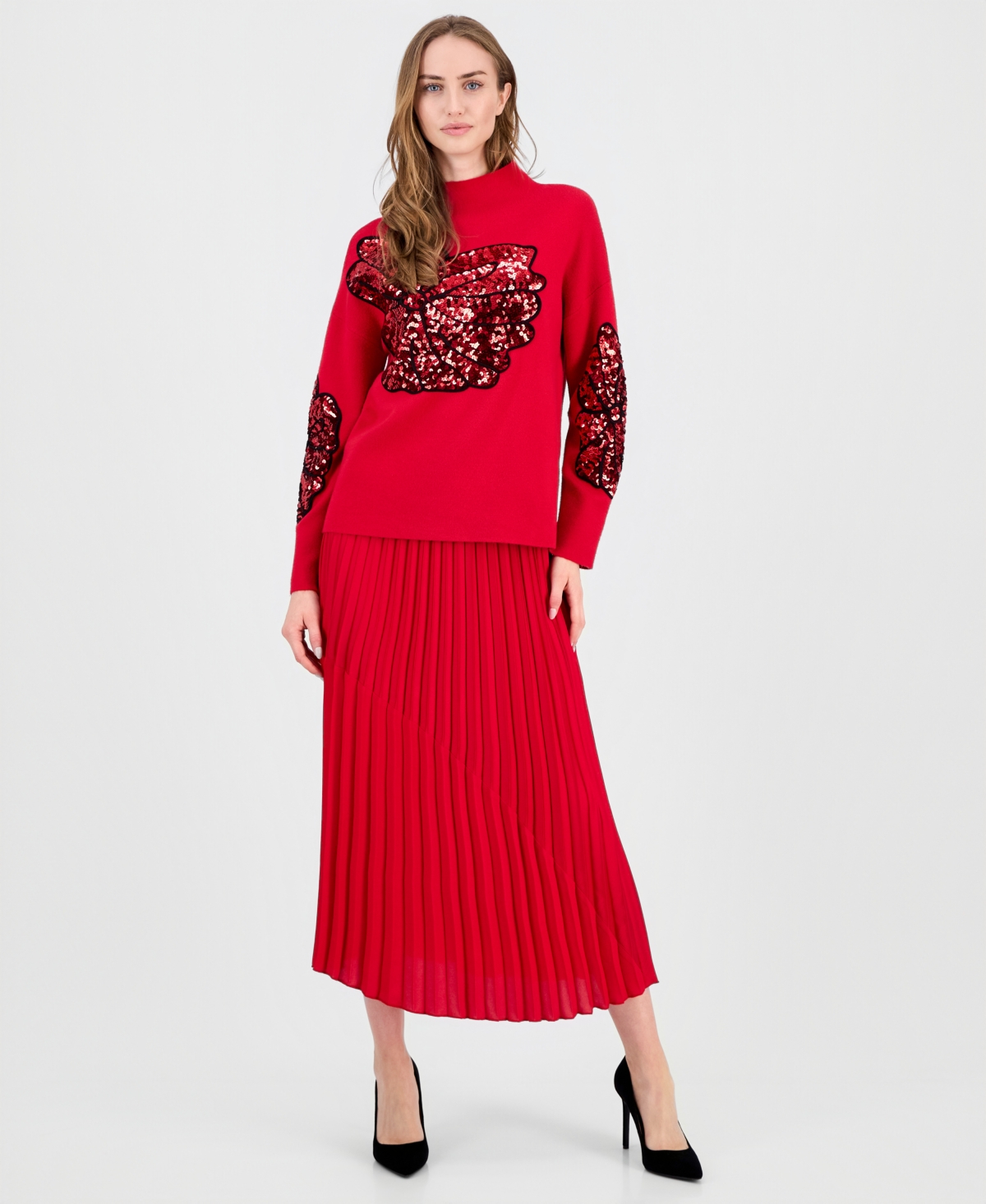 T Tahari Women's Sequin Soutache Funnel-neck Sweater In Red