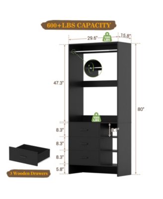 30" Freestanding Closet Organizer with Hanging Rods and Drawers, Closet System with Storage Shelves