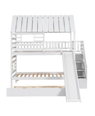 Twin over Twin House Bunk Bed with Trundle and Slide, Storage Staircase, Roof and Window Design