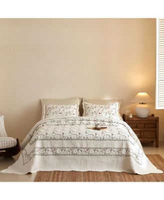 3Pcs 100% Cotton Embroidery Delicate Floral Quilt Bedspread Set Queen