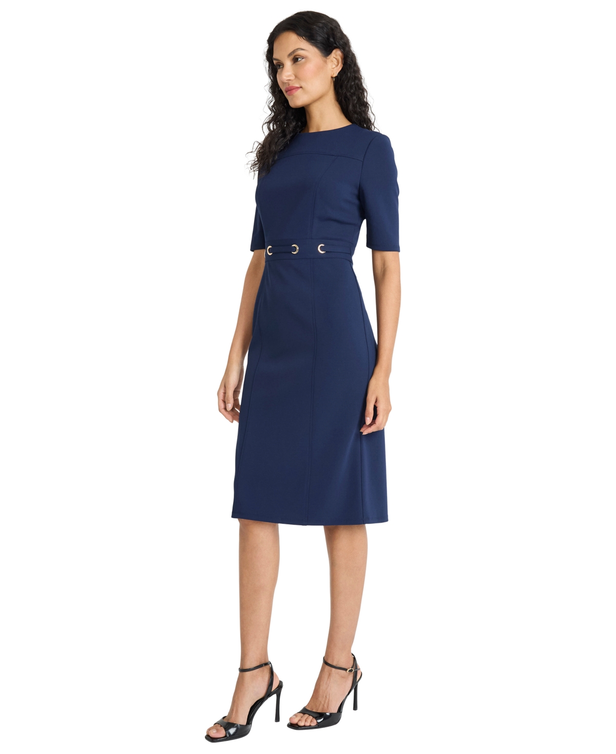 Maggy London Elbow Sleeve Grommet Waist Sheath Dress In Blue