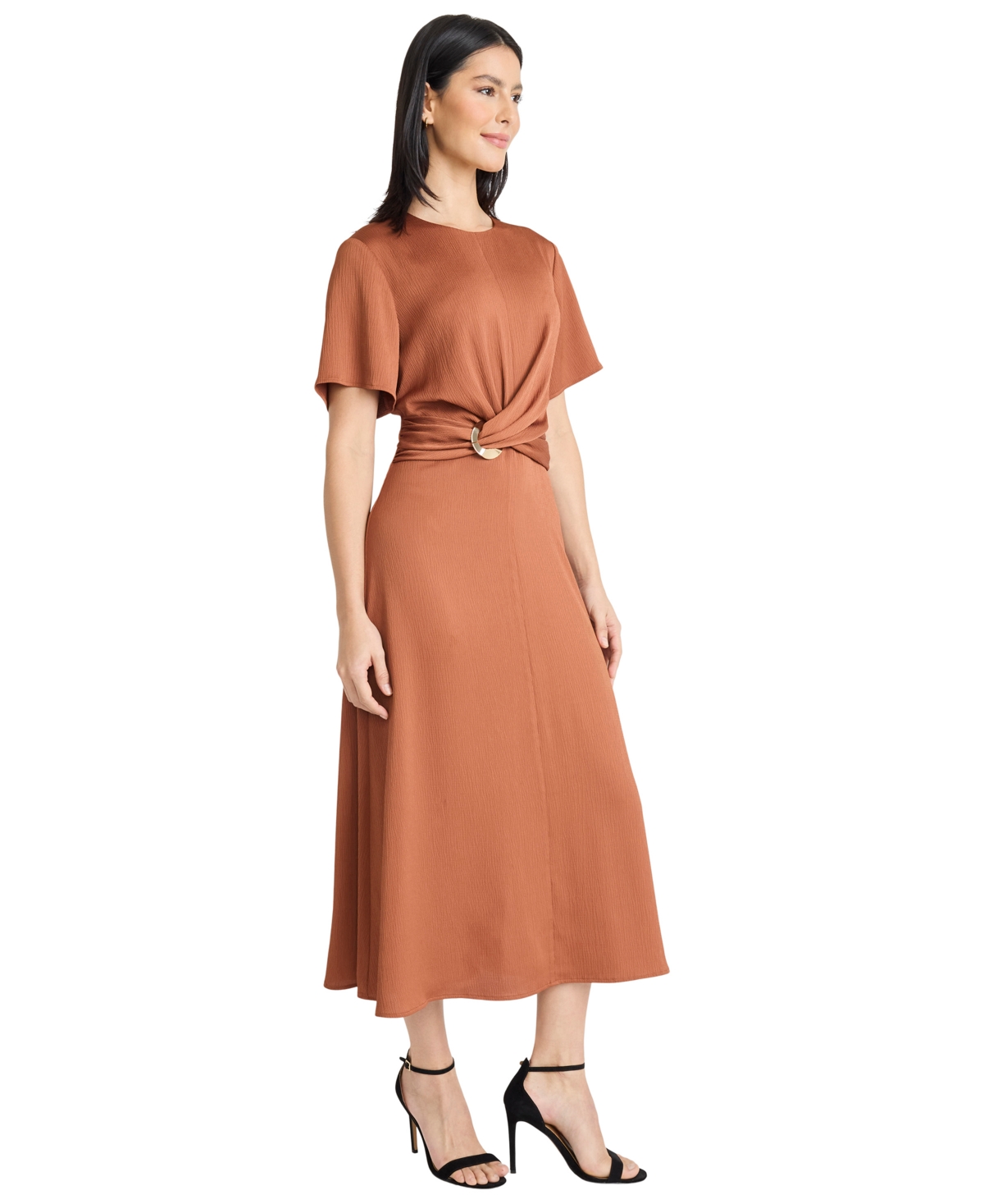 Maggy London Buckle Detail Hammered Satin Midi Dress In Brown
