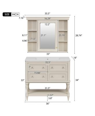 36" Solid Wood Bathroom Vanity with Mirror Cabinet, Adjustable Shelves and Drawers