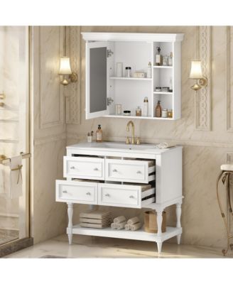 36" Solid Wood Bathroom Vanity with Mirror Cabinet, Adjustable Shelves and Drawers