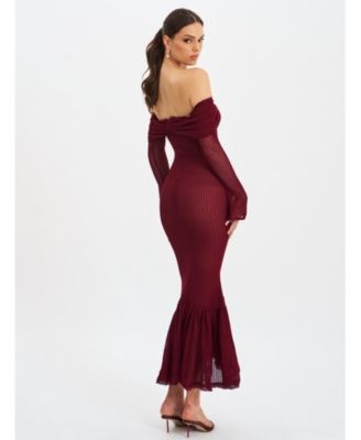 Women Kaedyn Burgundy Off Shoulder Long Sleeve Crochet Mermaid Maxi Dress