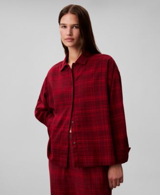 Calvin Klein - Women's Plaid Collar Neck Long Sleeve Sleep Shirt-QS7533