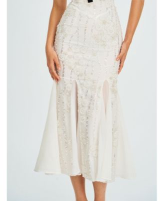 Women Paola White Peter Pan Collar Beaded Sequin Mermaid Midi Dress