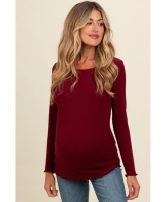 Burgundy Ribbed Knit Long Sleeve Lettuce Hem Maternity Top