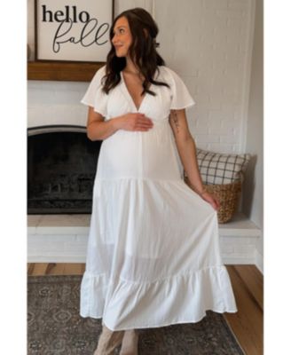 Maternity Ivory Deep V-Neck Flutter Sleeve Tiered Midi Dress