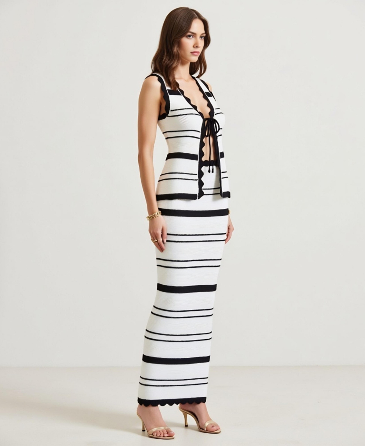 Modenaire Women's Striped Knit Top & Maxi Skirt Two-Piece Set