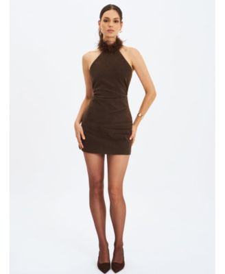 Women's Yael Espresso Suede Faux Fur Halter Mini Dress