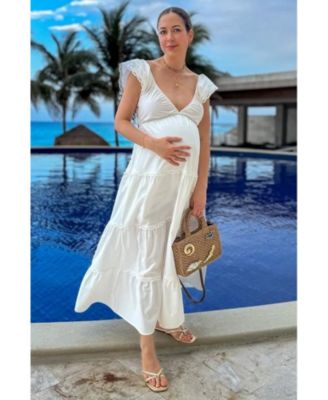 Maternity White Ruffle Trim Maxi Dress