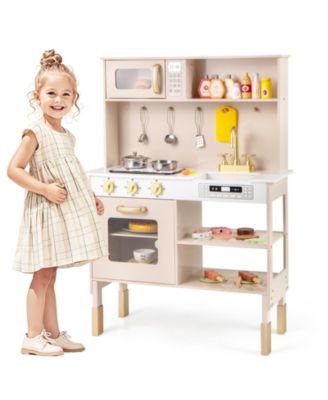 Height Adjustable Play Kitchen Wooden Kitchen Playset w/ Real Lights & Sounds