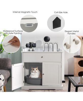 Wooden Cat Litter Box Enclosure w/ Drawer Side Table Furniture