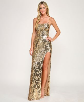Juniors' Bow Sequin Square Neck Long Dress