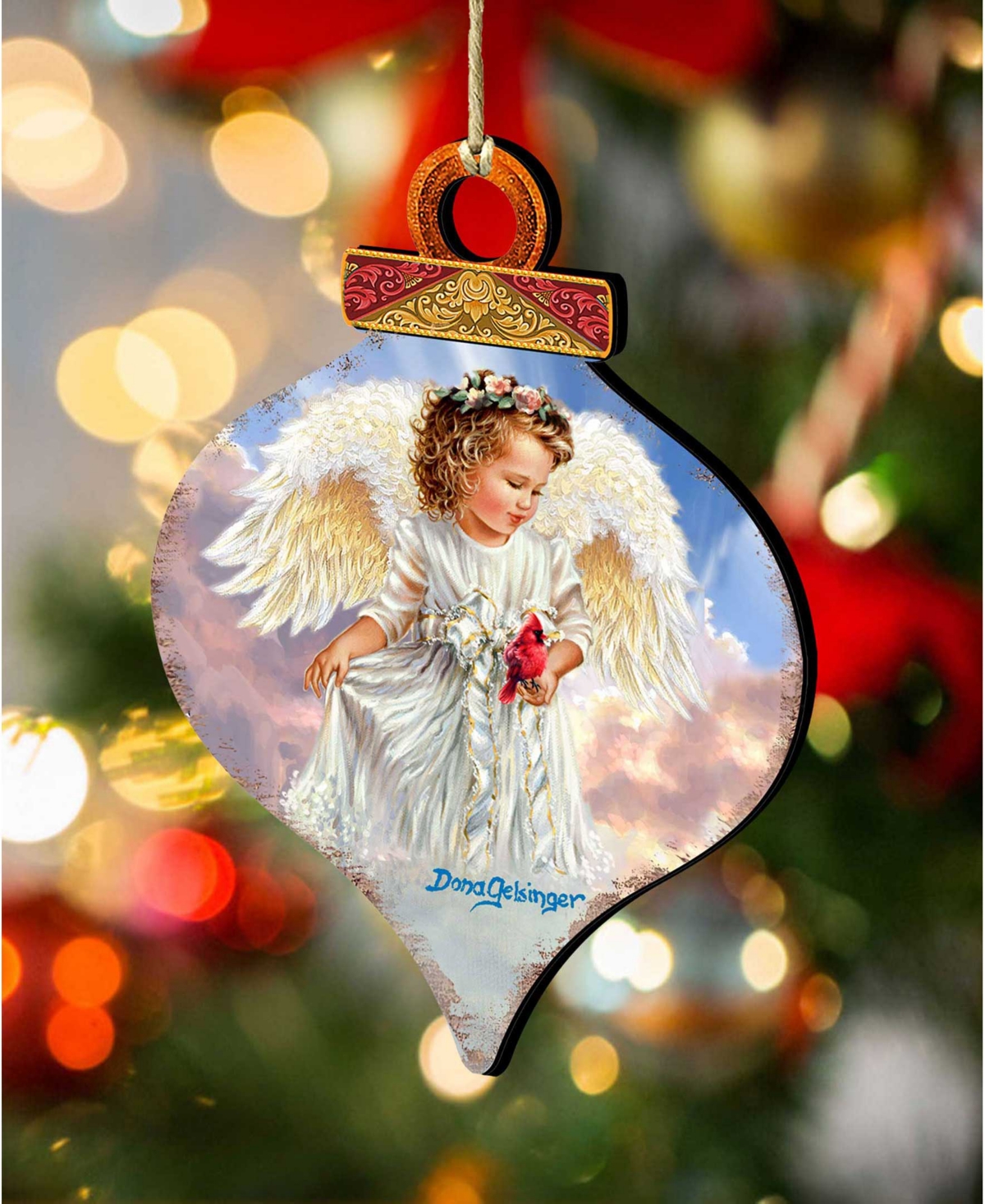 Designocracy Angel With Cardinal Wooden Ornament In Multi