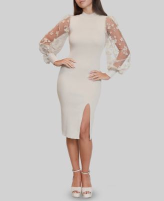 Junior's Flocked Flower Mock Neck Sweater Dress