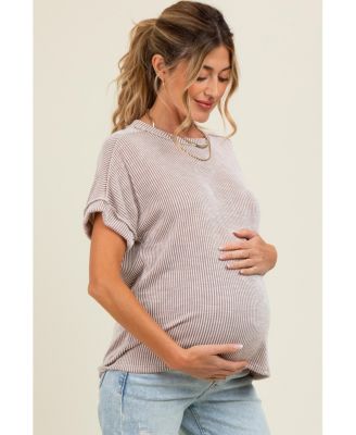 Maternity Taupe Ribbed Exposed Seam Short Sleeve Top
