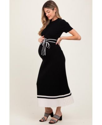 Maternity Black Ribbed Knit Pleated Midi Dress