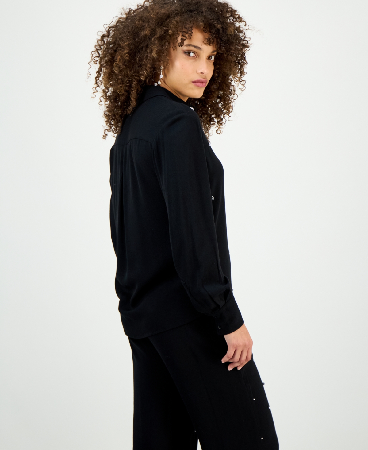 I.n.c. International Concepts Petite Long-Sleeve Embellished Button-Front Blouse, Macy's Exclusive