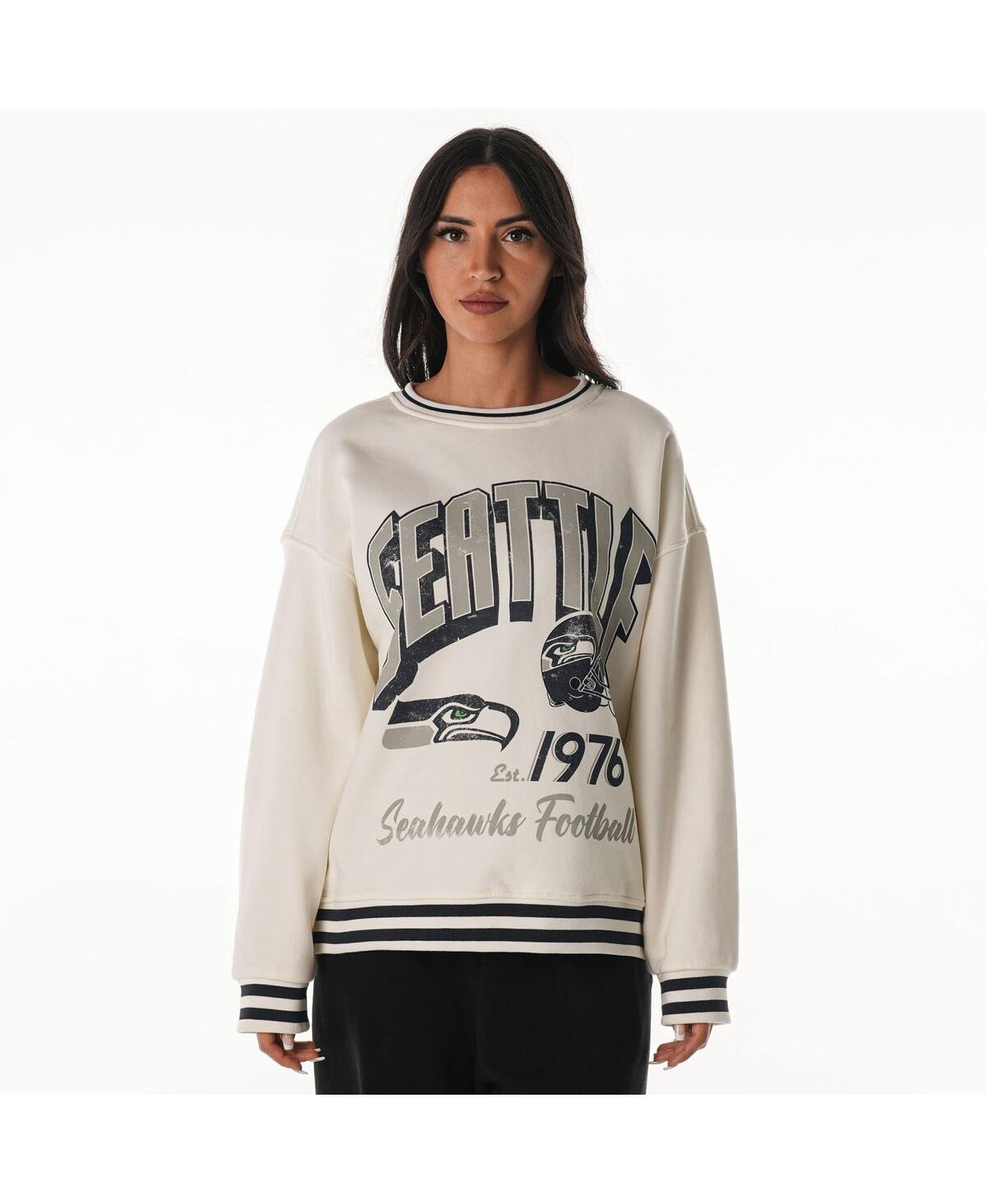 The Wild Collective Women's Cream Seattle Seahawks Oversized Vintage French Terry Sweatshirt In White