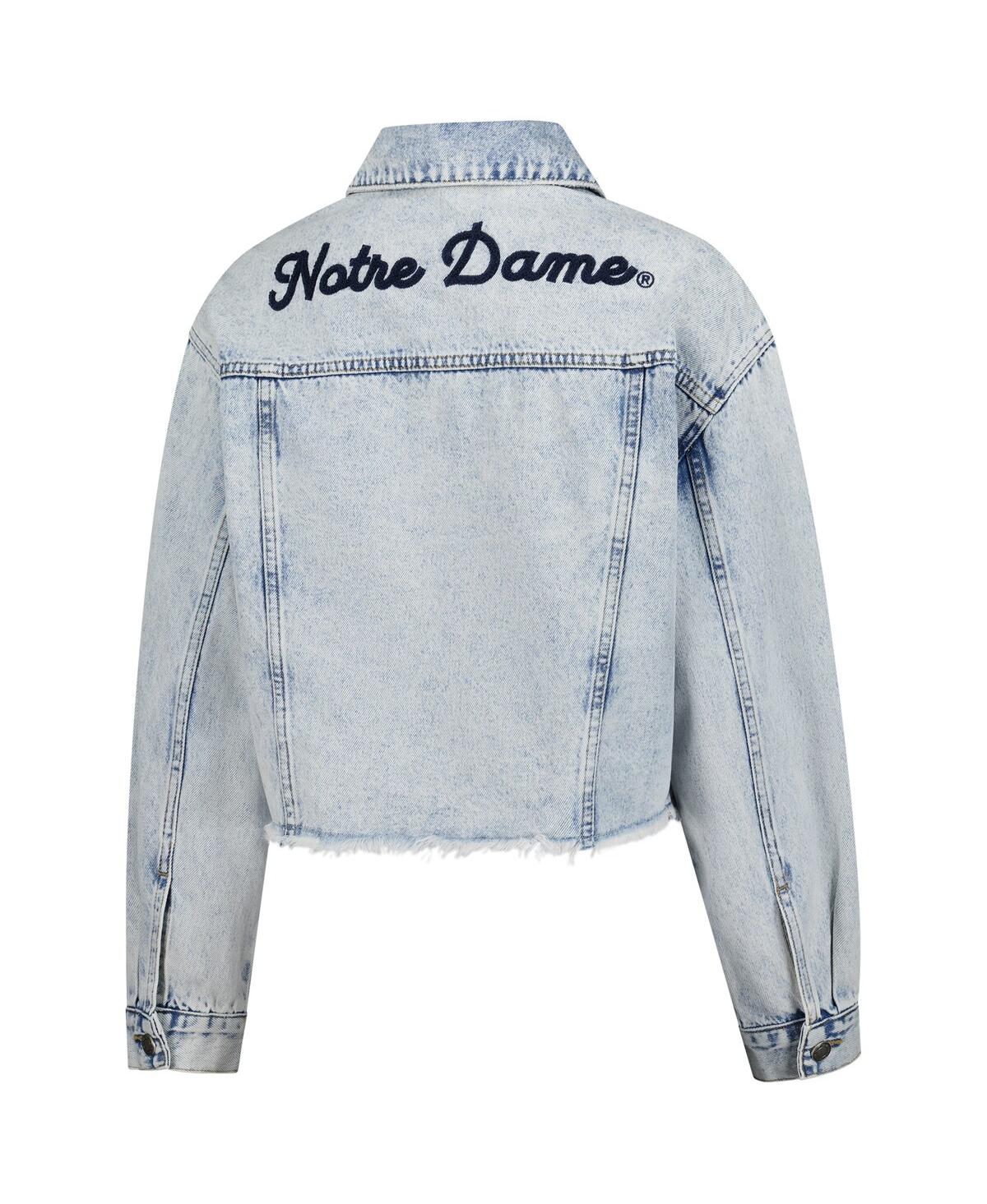 Hype And Vice Women's Denim Notre Dame Fighting Irish Light Wash Cropped Button-up Jean Jacket In Animal Print